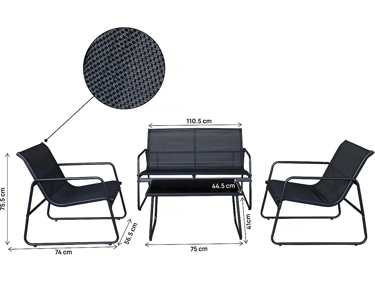 Conjunto de jardim em metal preto Fortaleza para 4 pessoas com mesa de centro em vidro temperado, robusto e fácil de manter