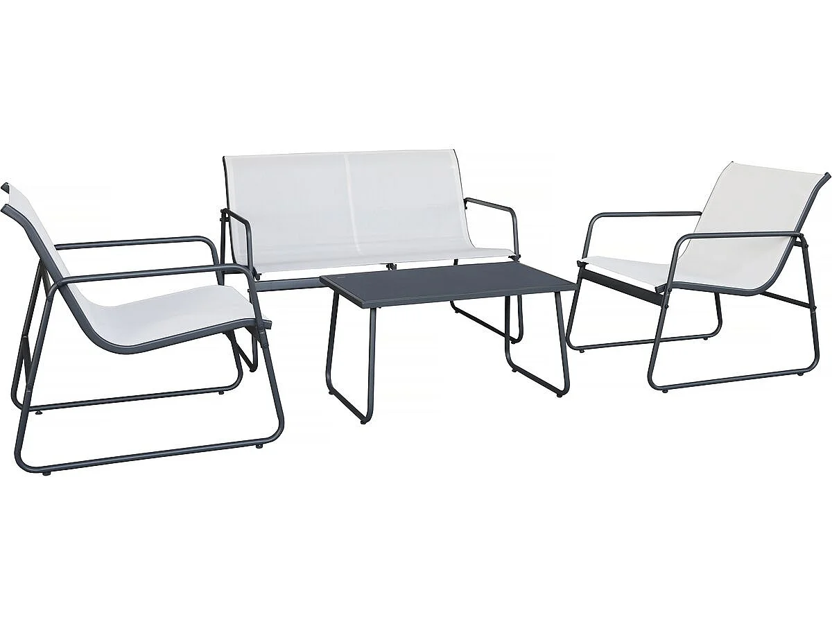 Conjunto de jardim em metal bege Fortaleza para 4 pessoas com mesa de centro em vidro temperado, estrutura robusta e design elegante