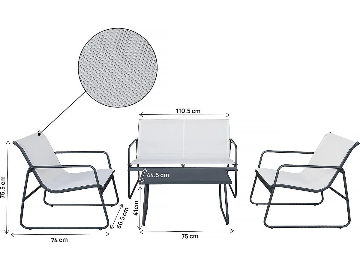 Conjunto de jardim em metal bege Fortaleza para 4 pessoas com mesa de centro em vidro temperado, estrutura robusta e design elegante