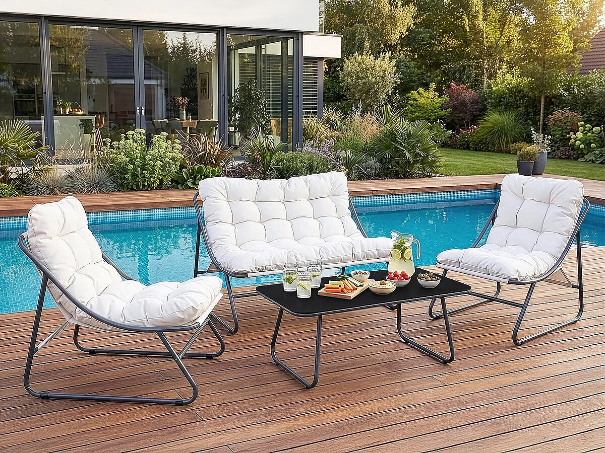 Salotto da giardino in metallo Aria per 4 persone con cuscini spessi grigio scuro e tavolino 100x50 cm, struttura robusta anti-ruggine