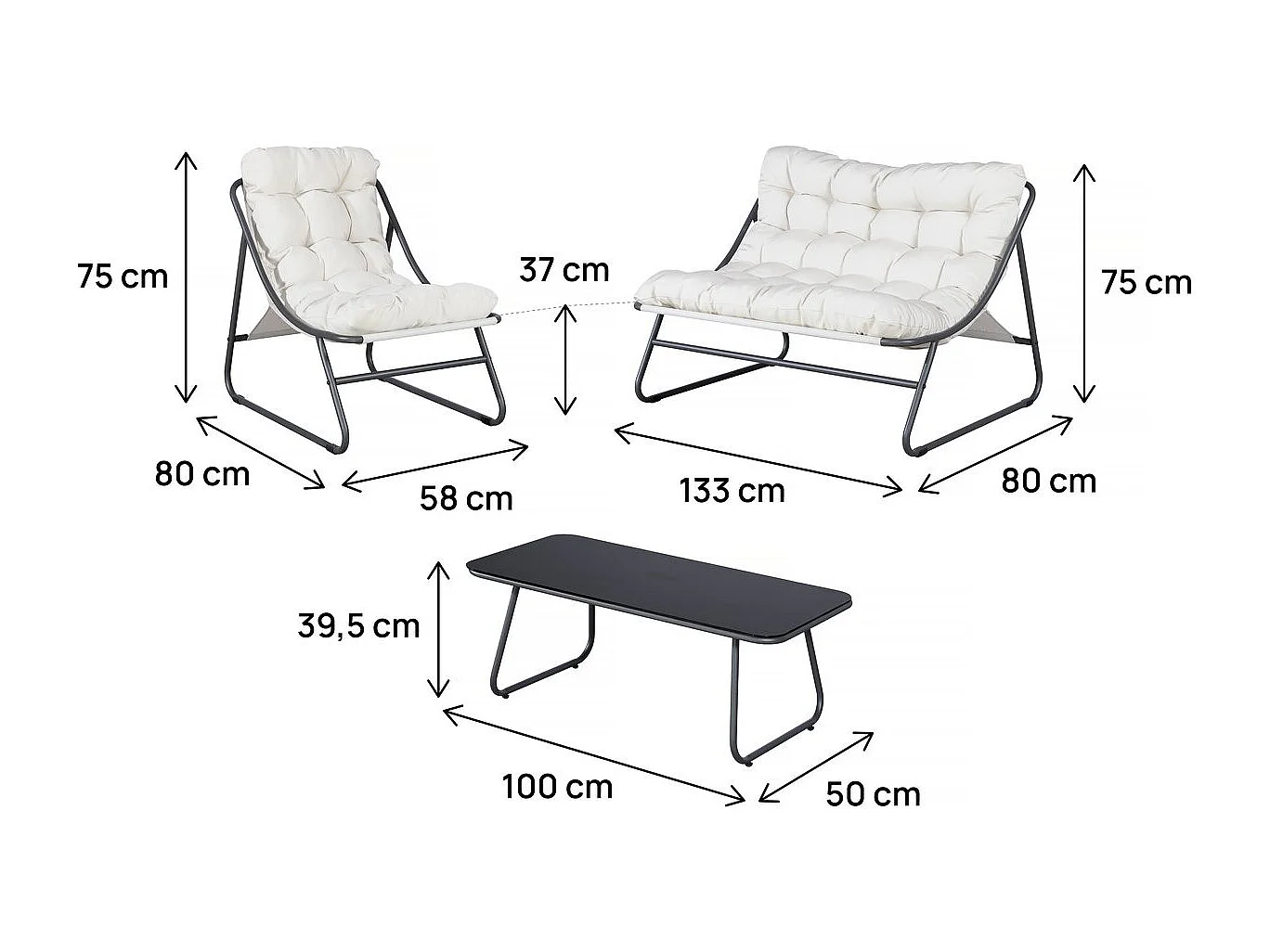 Salotto da giardino in metallo Aria per 4 persone con cuscini spessi grigio scuro e tavolino 100x50 cm, struttura robusta anti-ruggine