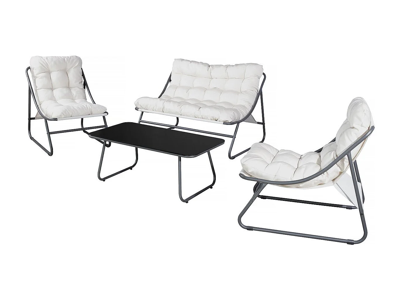 Salotto da giardino in metallo Aria per 4 persone con cuscini spessi grigio scuro e tavolino 100x50 cm, struttura robusta anti-ruggine