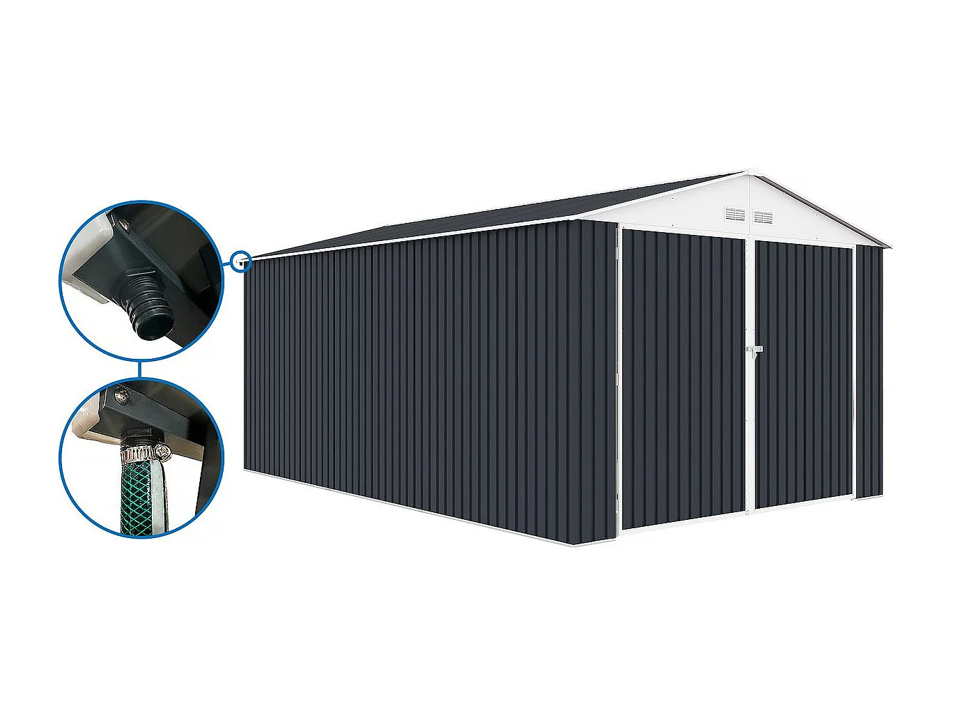 Garage en métal "Houston" gris avec gouttière - 15,36 m² de rangement extérieur