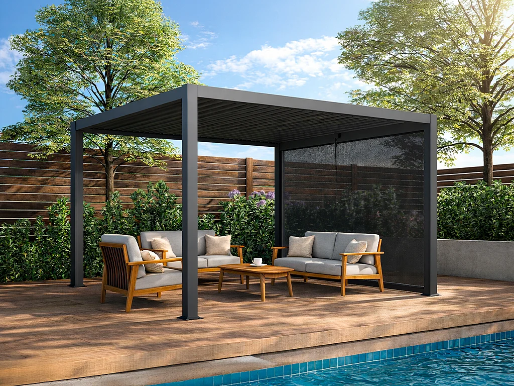 Pergola bioclimatique autoportante en aluminium 12m² avec rideau rétractable L300 cm - Anthracite - ALMAFI