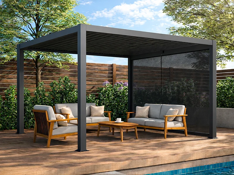 Pergola bioclimatique autoportante en aluminium 12m² avec rideau rétractable L300 cm - Anthracite - ALMAFI