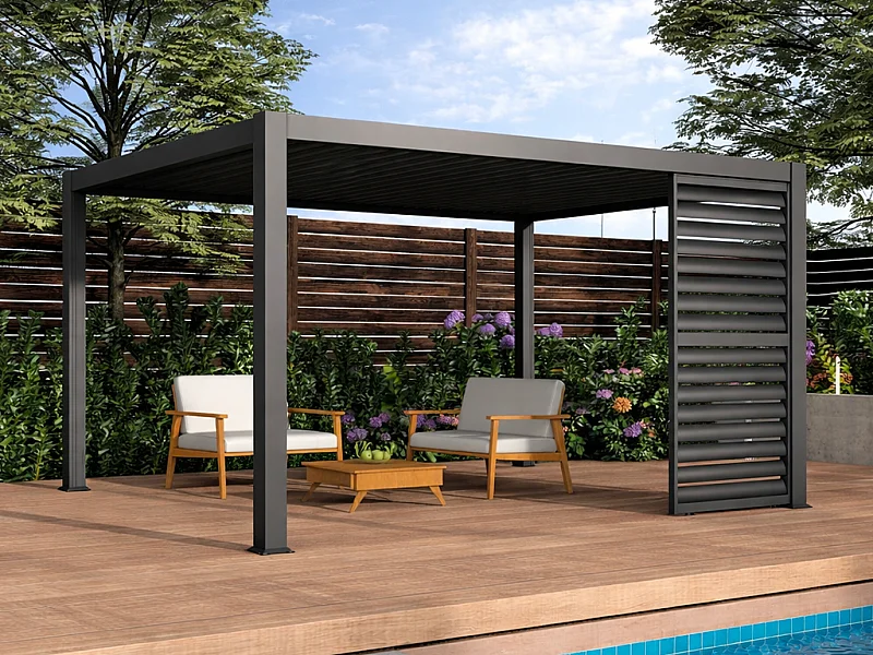 Pergola bioclimatique autoportante en aluminium 12m² avec claustra brise soleil L100 cm - Anthracite - ALMAFI