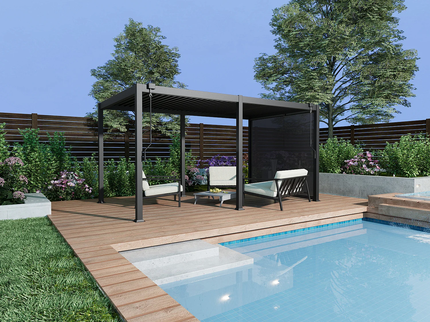 Pergola bioclimatique autoportante en aluminium 15m² avec rideau rétractable L300 cm - Anthracite - ALMAFI
