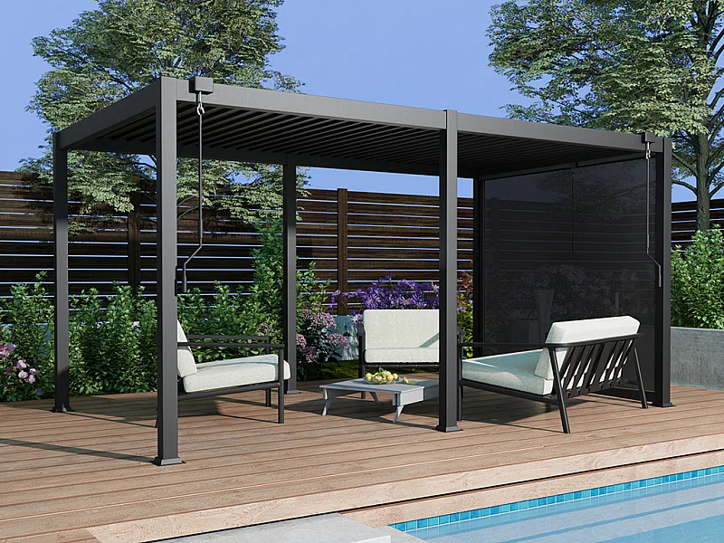Pergola bioclimatique autoportante en aluminium 15m² avec rideau rétractable L300 cm - Anthracite - ALMAFI
