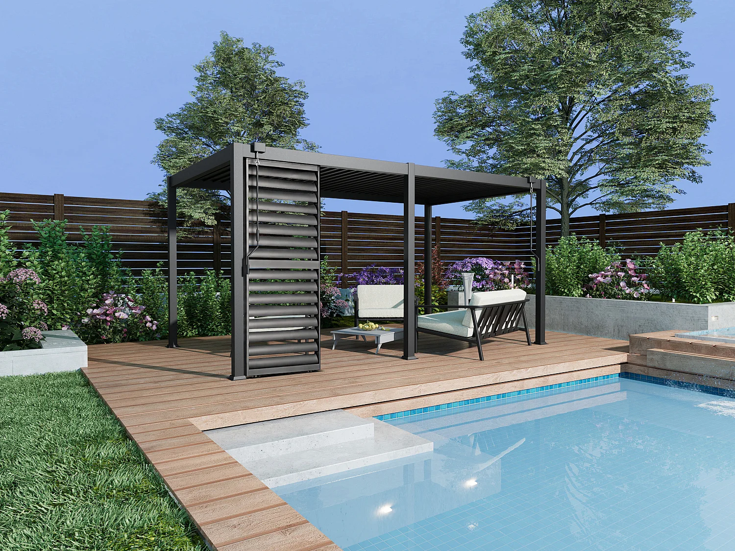 Pergola bioclimatique autoportante en aluminium 15m² avec claustra brise soleil L100 cm - Anthracite - ALMAFI