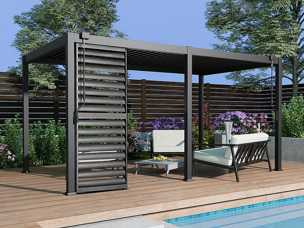 Pergola bioclimatique autoportante en aluminium 15m² avec claustra brise soleil L100 cm - Anthracite - ALMAFI