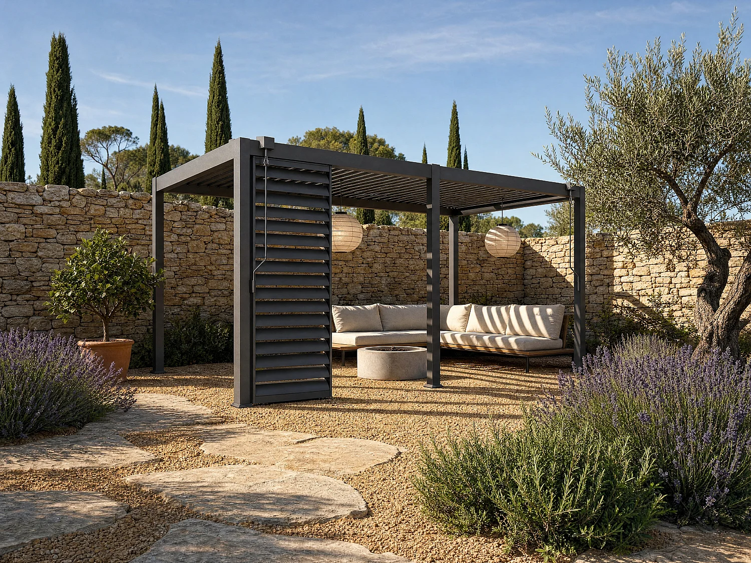 Pergola bioclimatique autoportante en aluminium 15m² avec claustra brise soleil L100 cm - Anthracite - ALMAFI