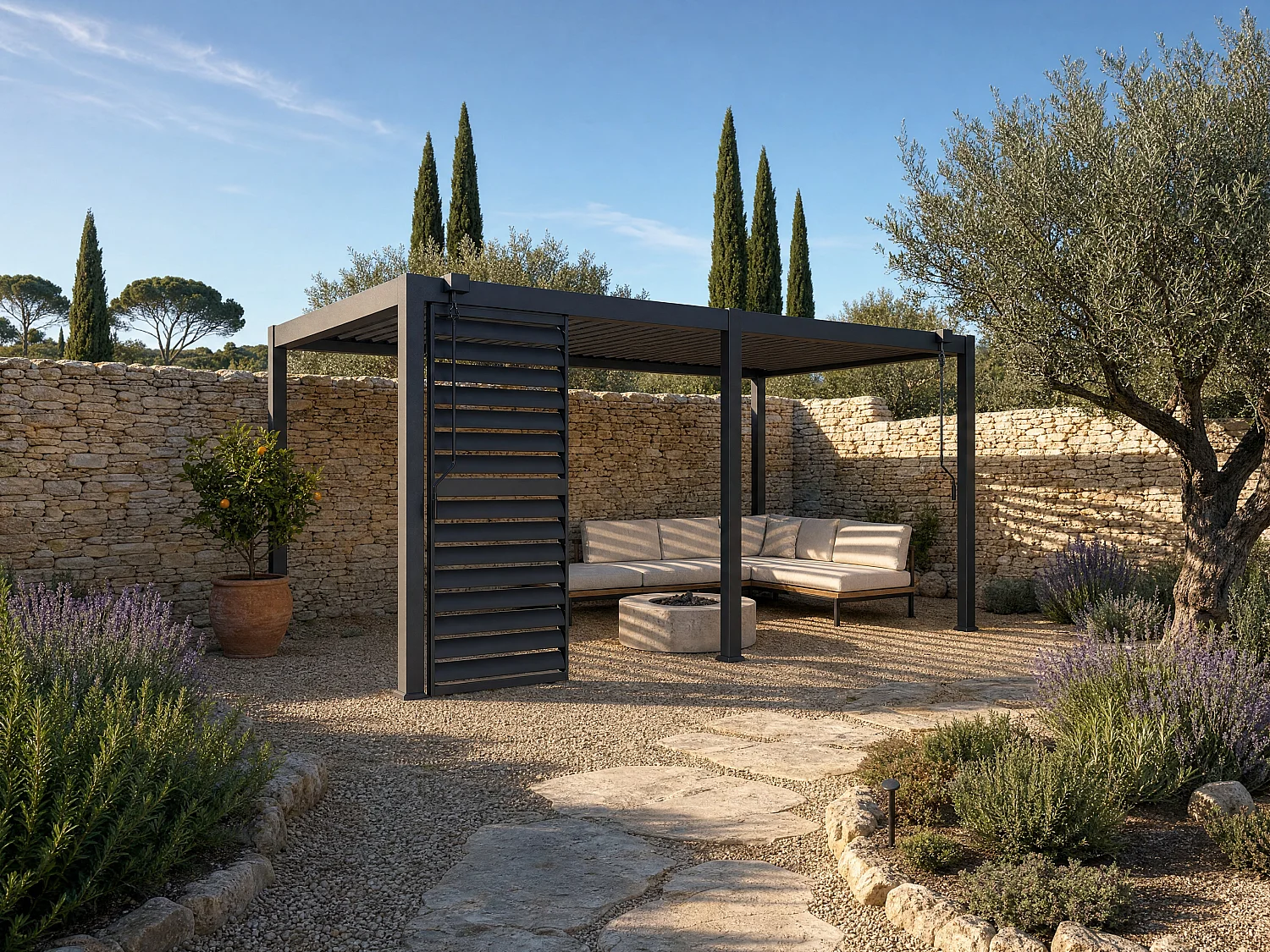 Pergola bioclimatique autoportante en aluminium 15m² avec claustra brise soleil L100 cm - Anthracite - ALMAFI