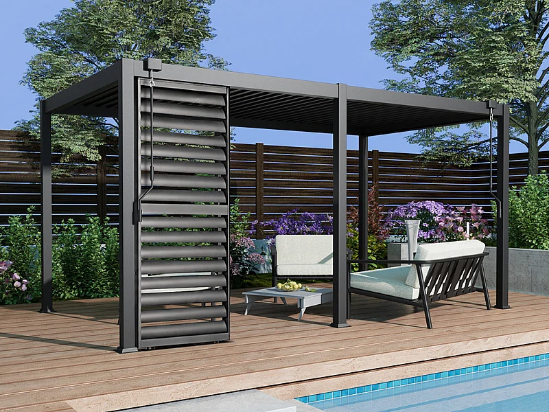Pergola bioclimatique autoportante en aluminium 15m² avec claustra brise soleil L100 cm - Anthracite - ALMAFI