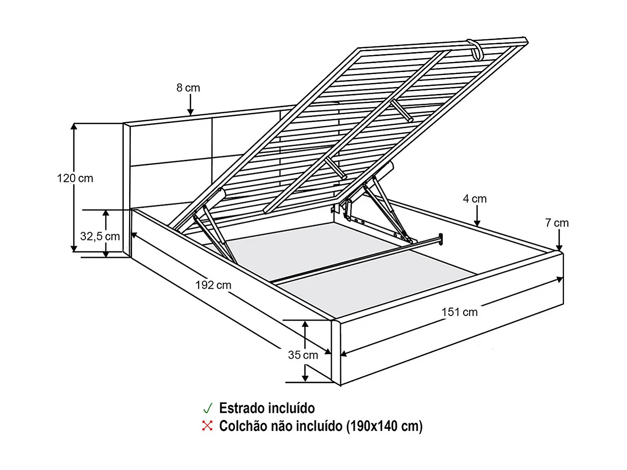 Cama de Casal Elegance, Estrado Elevatório (Bege)(190×140 cm)