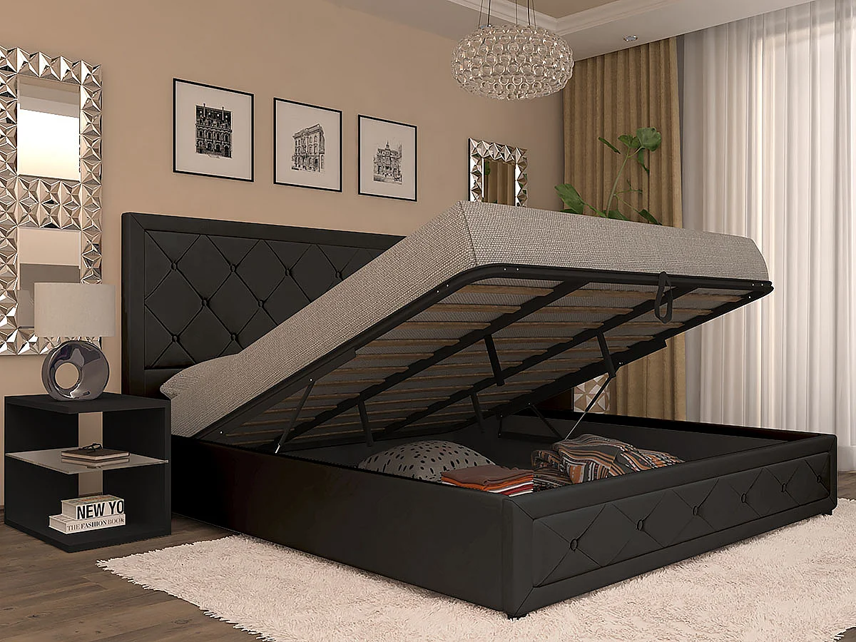 Cama de Casal Roman, Estrado Elevatório (Preto)(200×180 cm)