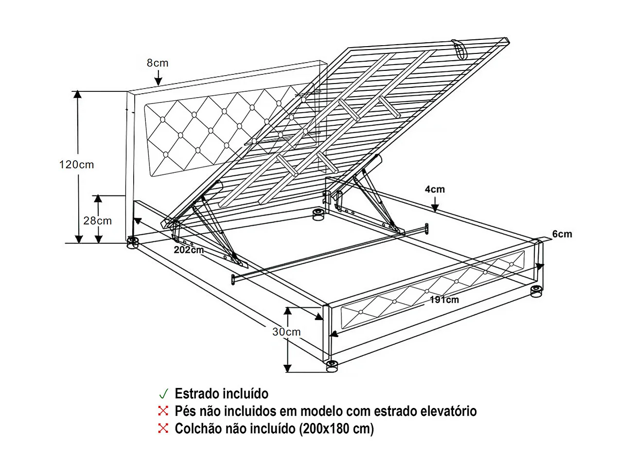 Cama de Casal Roman, Estrado Elevatório (Preto)(200×180 cm)