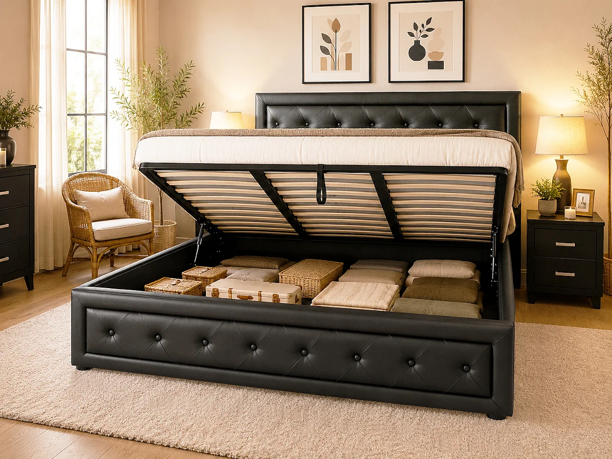Cama de Casal Roman, Estrado Elevatório (Preto)(200×180 cm)