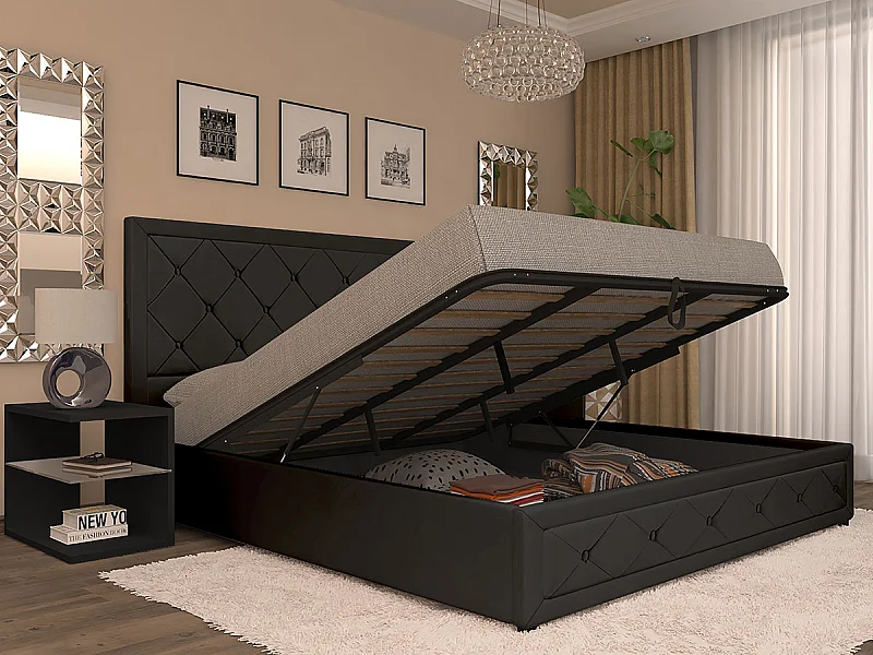 Cama de Casal Roman, Estrado Elevatório (Preto)(200×180 cm)
