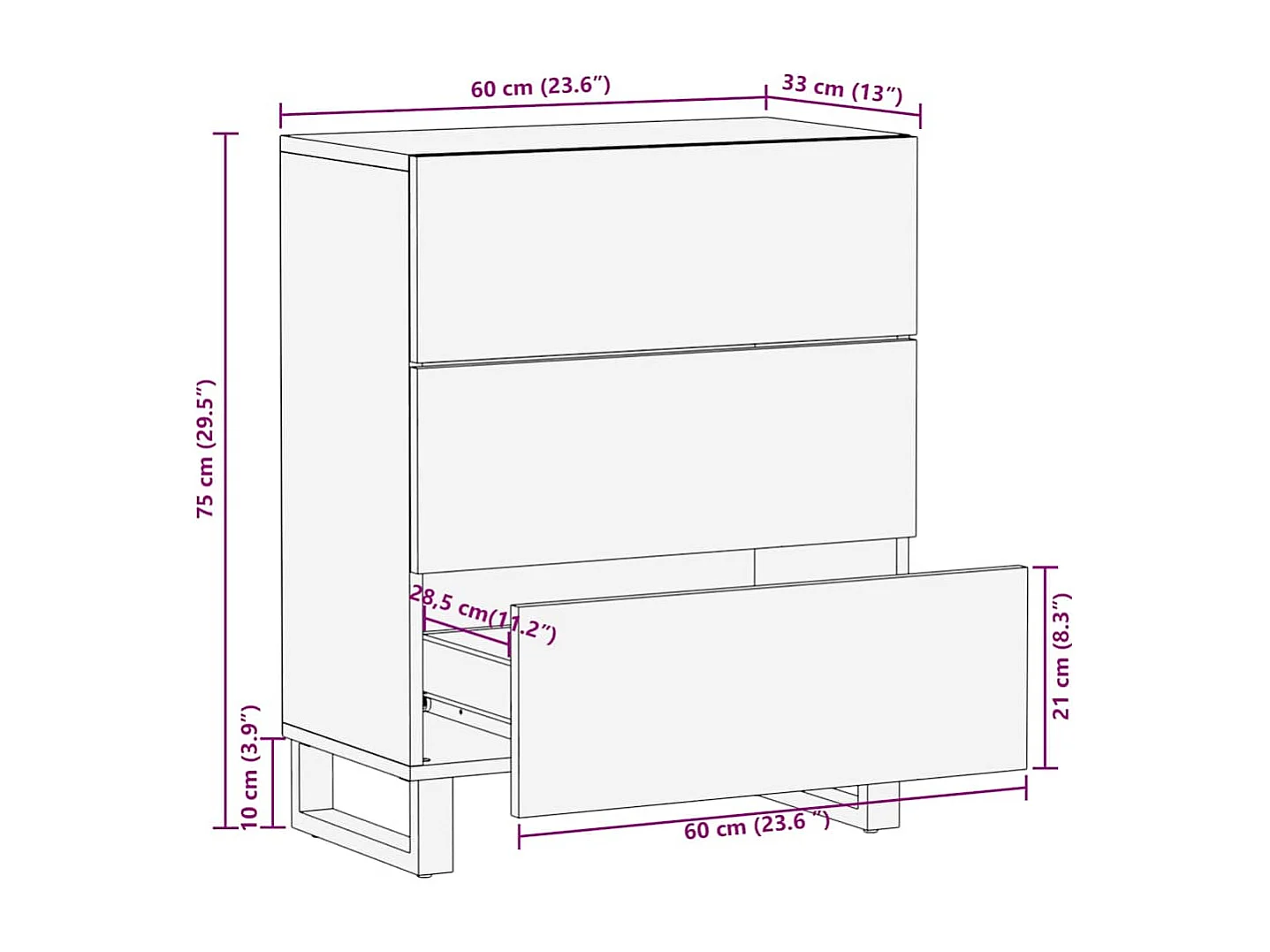 Aparador negro 60x33x75 cm madera maciza mango