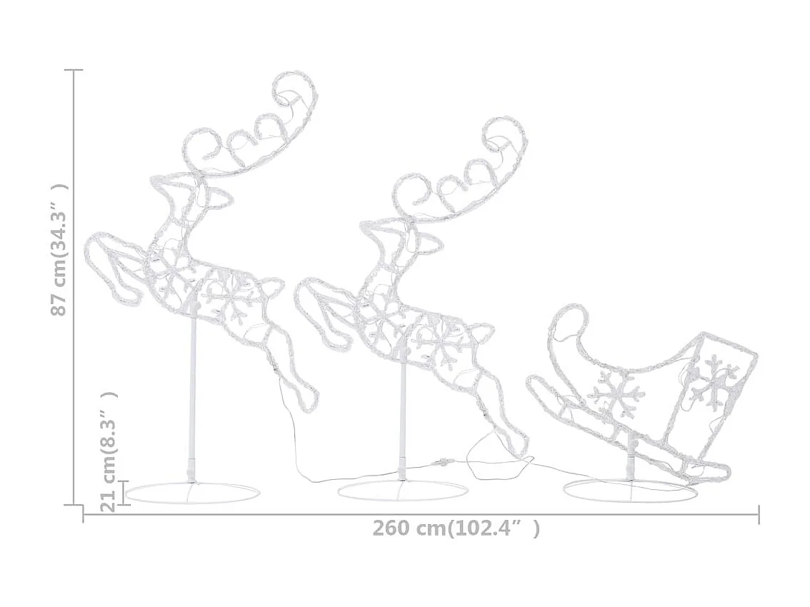 Renos voladores y trineo blanco cálido 260x21x87 cm