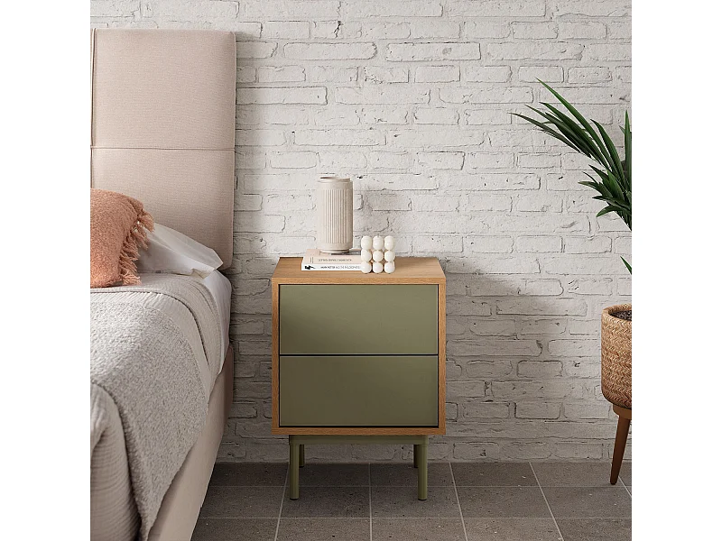 Mesita de noche Cuzco 2 cajones color Roble/Verde