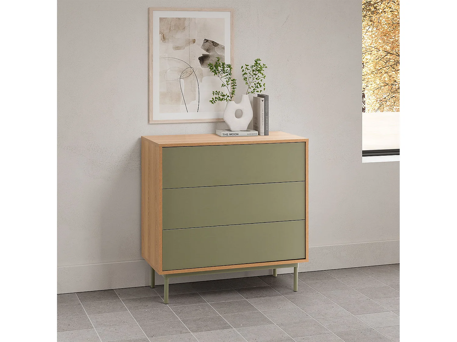 Kommode Cuzco 3 schubladen Eichenfarbe/grün
