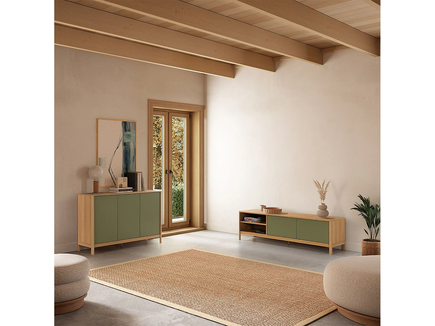 Buffet Nassau 3 portes effet Chêne/Vert