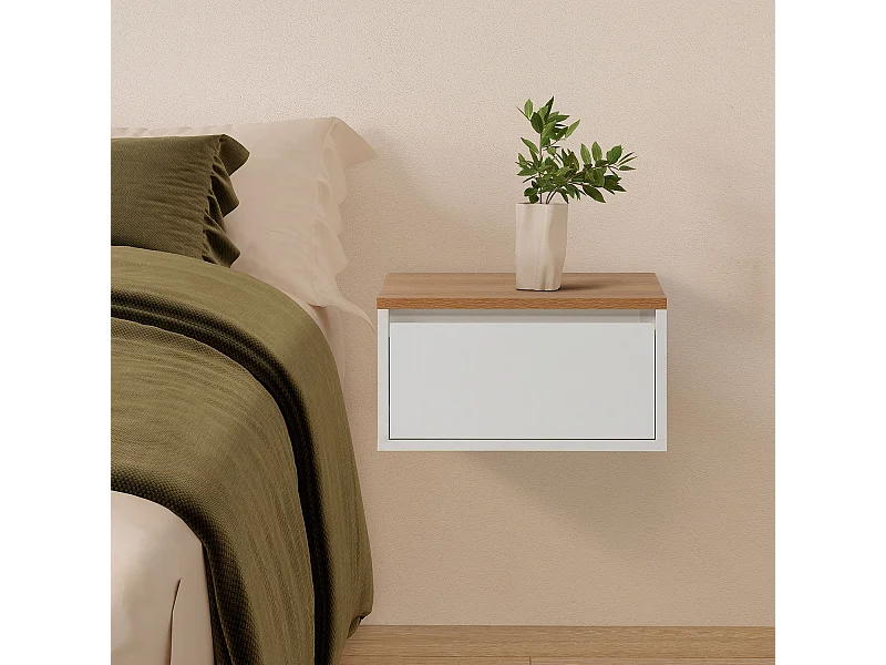 Ensemble 2 tables de chevet flottantes Desi 1 tiroir couleur Blanc/Chêne
