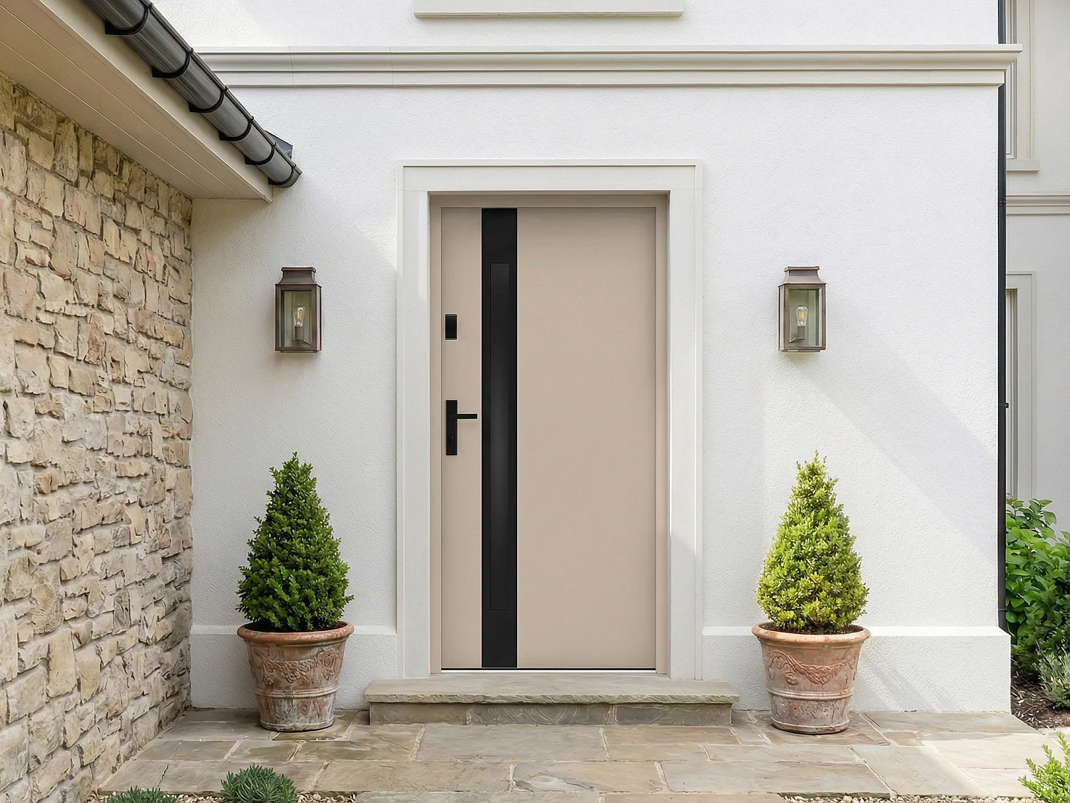 Porte d'entrée en acier pleine et inox H207 x L100 cm - verre fumé - beige et noir - épaisseur 55 mm - poussant droit - BRAGA