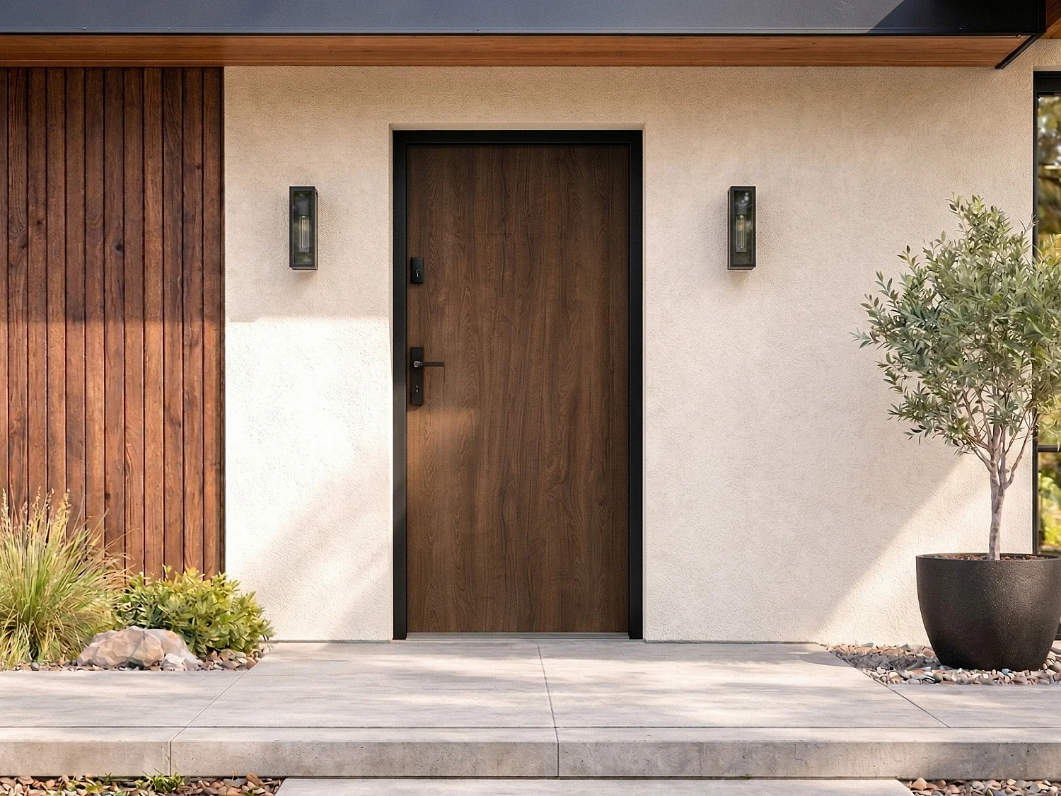 Porte d'entrée en acier pleine H207 x L100 cm effet noyer - épaisseur 55 mm - poussant droit - AGUEDA