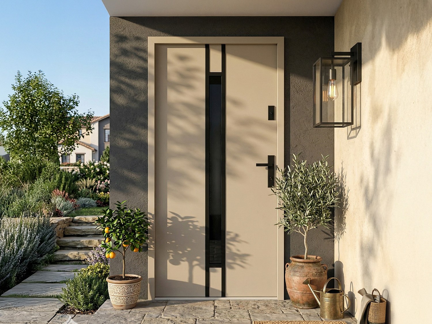 Vente-unique Eingangstür Aus Massivem Stahl Und Edelstahl H207 X B100 Cm - Rauchglas - Beige - Stärke 55 Mm - Anschlag Links - Aricane