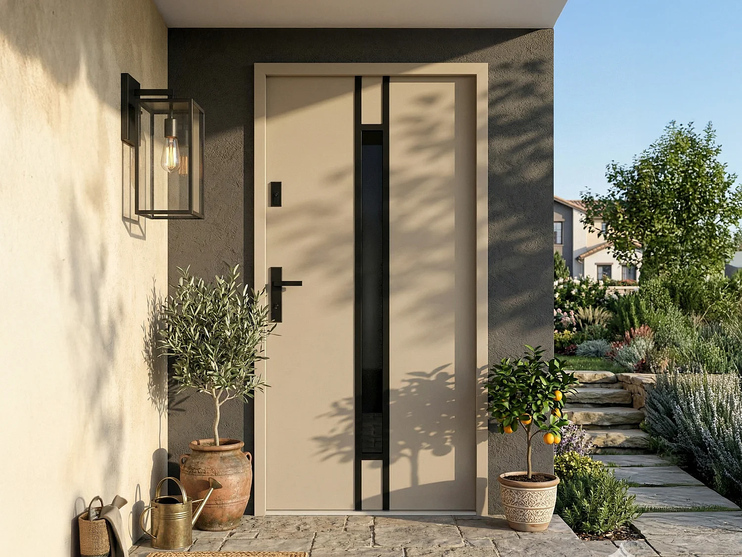 Porta de entrada em aço maciço e inox H207 x C100 cm - vidro fumado - bege - espessura 55 mm - abertura à direita - ARICANE