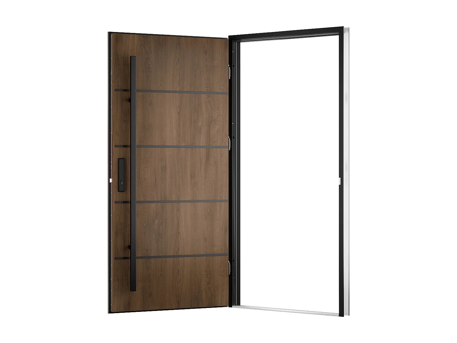 Porta de entrada em aço maciço e inox H207 x C100 cm efeito nogueira - espessura 68 mm - abertura à esquerda - LUSADA