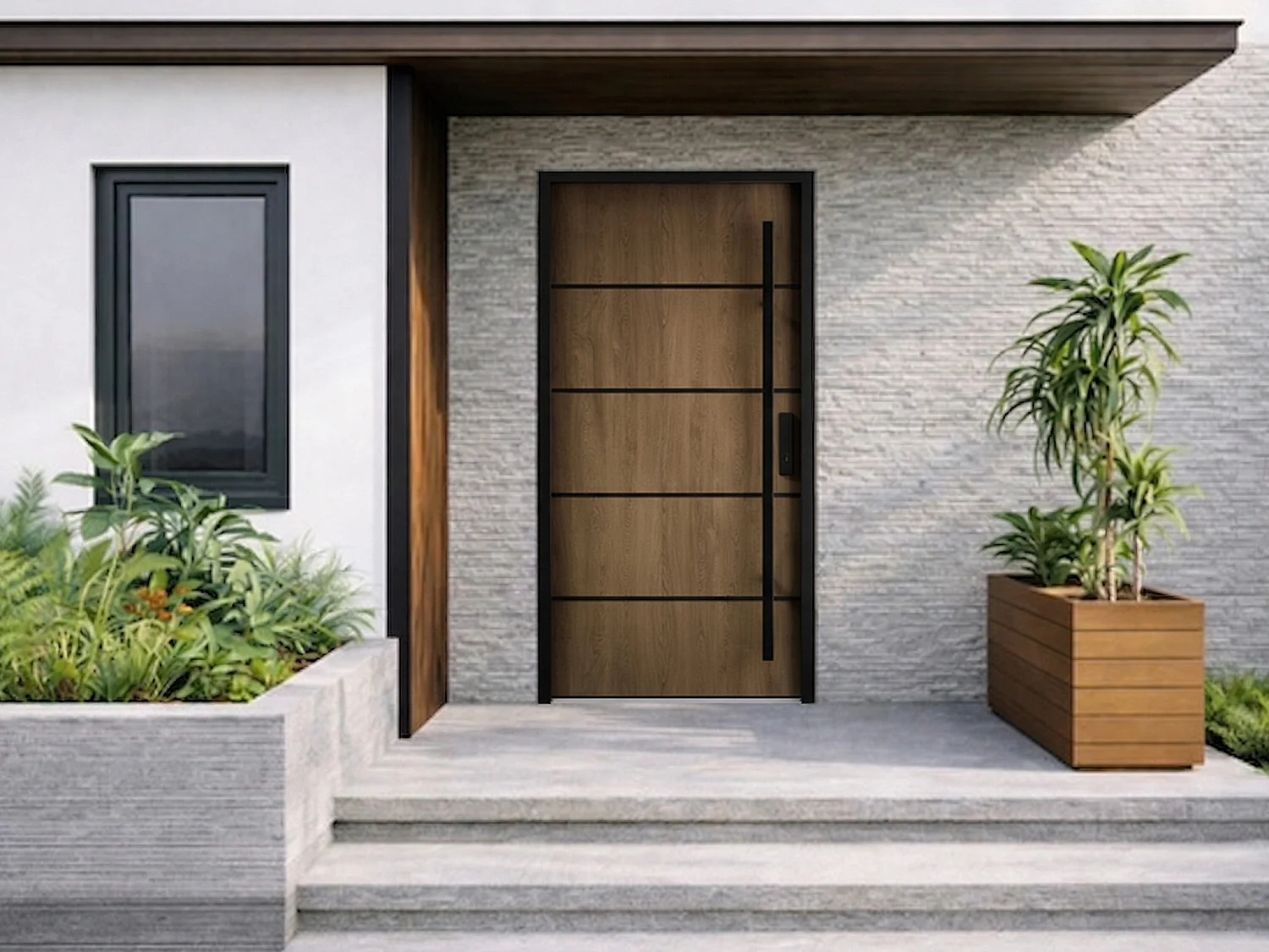 Porta de entrada em aço maciço e inox H207 x C100 cm efeito nogueira - espessura 68 mm - abertura à esquerda - LUSADA