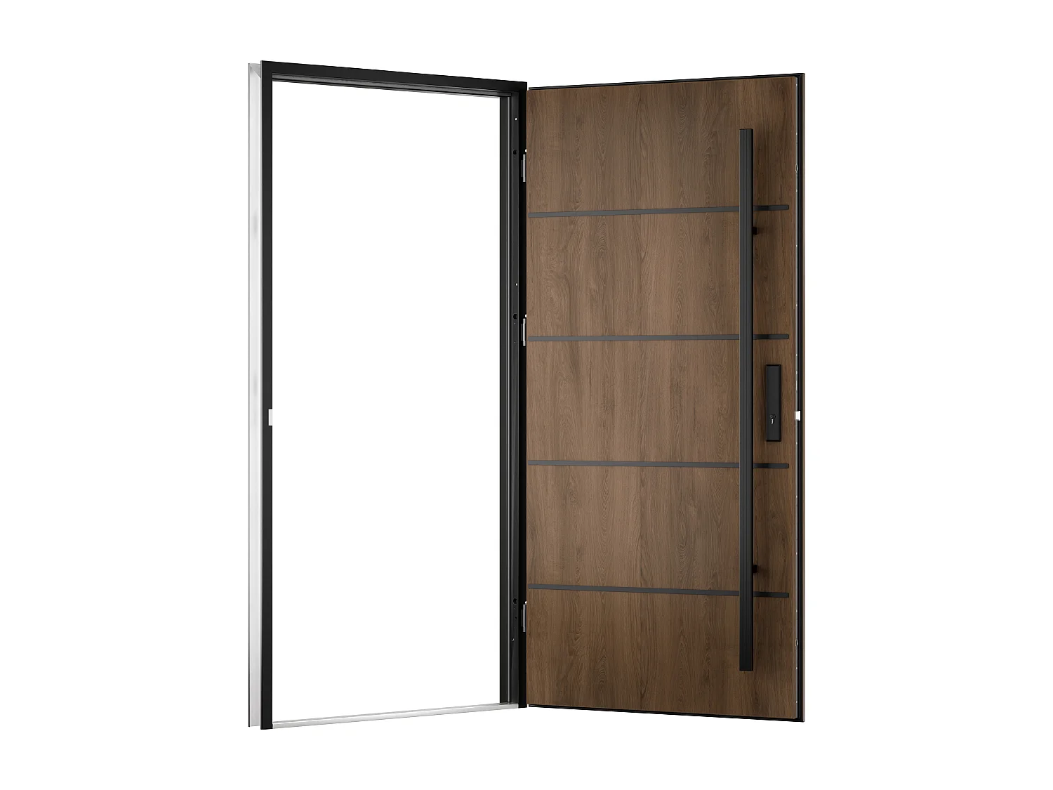 Porta de entrada em aço maciço e inox H207 x C100 cm efeito nogueira - espessura 68 mm - abertura à direita - LUSADA