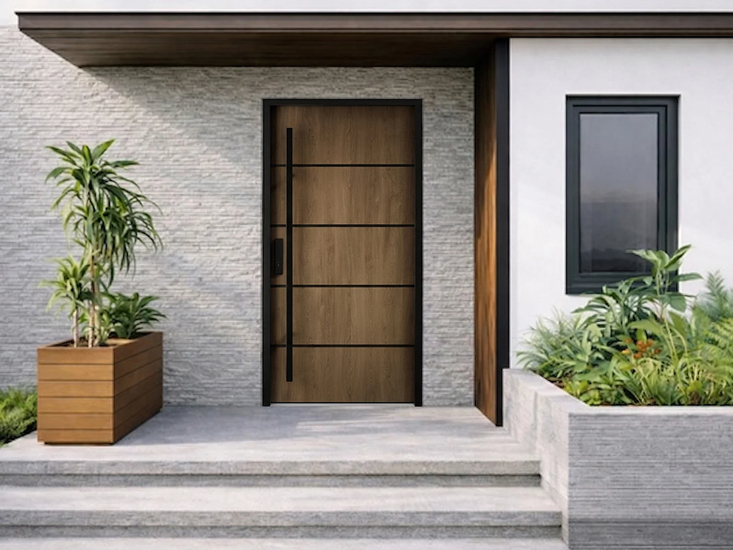 Porta de entrada em aço maciço e inox H207 x C100 cm efeito nogueira - espessura 68 mm - abertura à direita - LUSADA