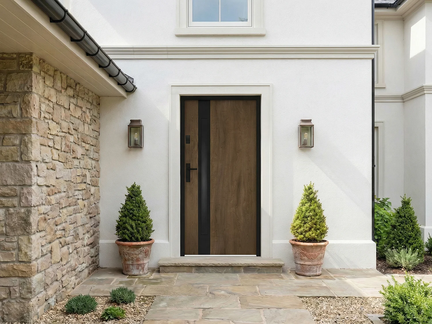 Porte d'entrée en acier pleine et inox H207 x L100 cm - verre fumé - effet noyer et noir - épaisseur 55 mm - poussant droit - BRAGA