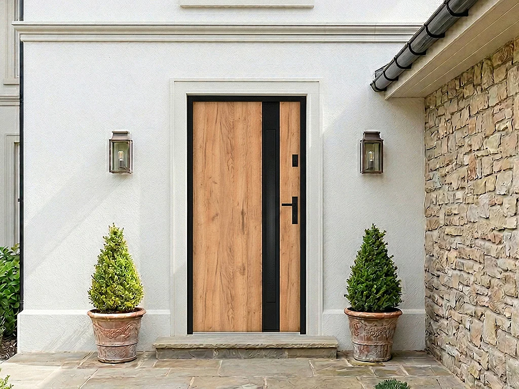 Porte d'entrée en acier pleine et inox H207 x L100 cm - verre fumé - effet chêne et noir - épaisseur 55 mm - poussant gauche - BRAGA