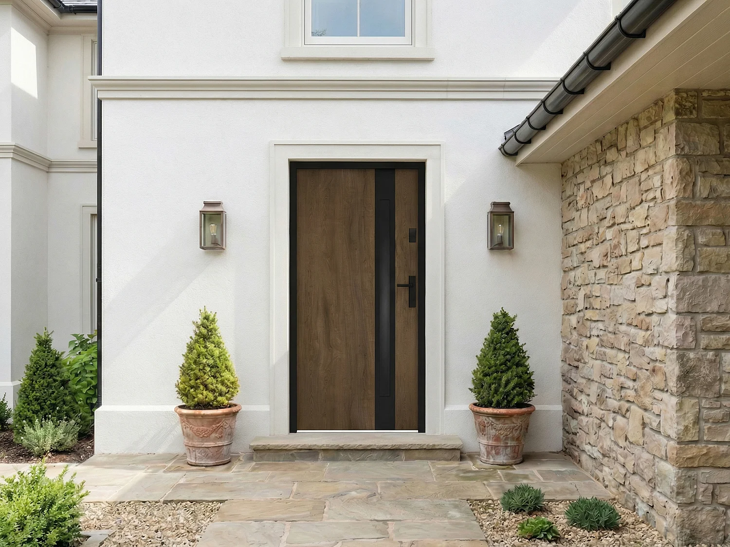 Porte d'entrée en acier pleine et inox H207 x L100 cm - verre fumé - effet noyer et noir - épaisseur 55 mm - poussant gauche - BRAGA