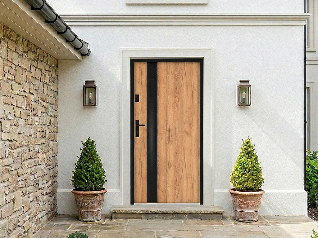 Porte d'entrée en acier pleine et inox H207 x L100 cm - verre fumé - effet chêne et noir - épaisseur 55 mm - poussant droit - BRAGA