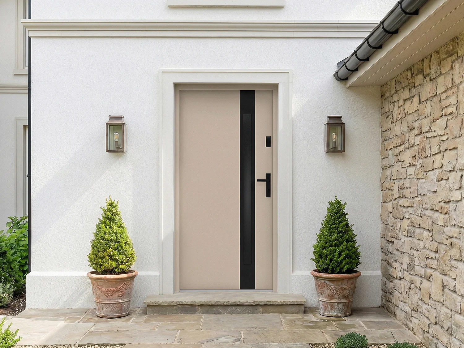 Porte d'entrée en acier pleine et inox H207 x L100 cm - verre fumé - beige et noir - épaisseur 55 mm - poussant gauche - BRAGA