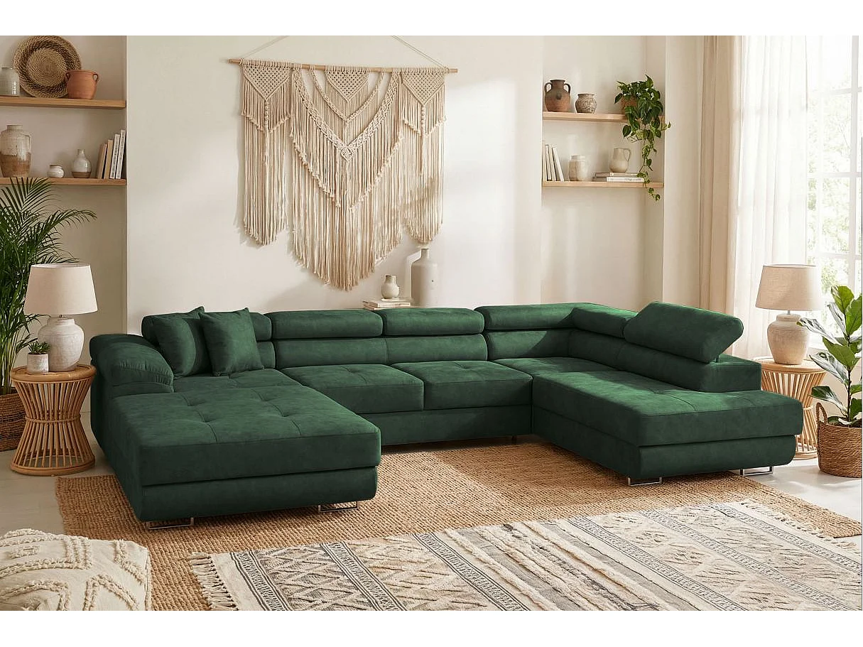 Canapé panoramique 6 places FLAVIO convertible avec 2 coffres en tissu - Vert