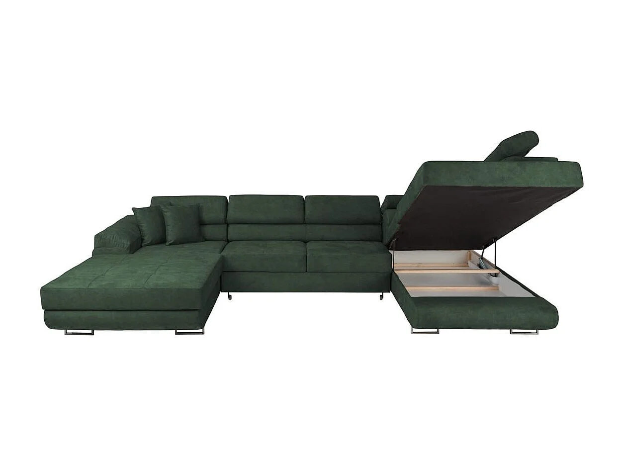 Canapé panoramique 6 places FLAVIO convertible avec 2 coffres en tissu - Vert