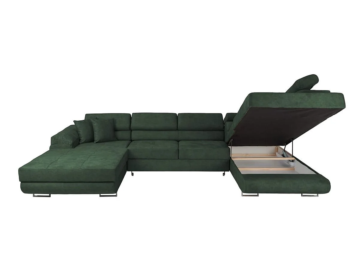 Canapé panoramique 6 places FLAVIO convertible avec 2 coffres en tissu - Vert