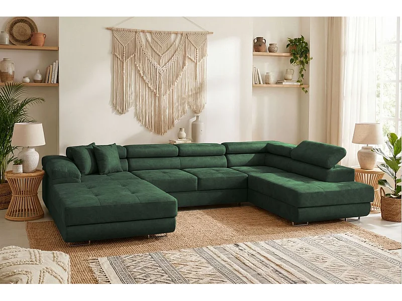 Canapé panoramique 6 places FLAVIO convertible avec 2 coffres en tissu - Vert
