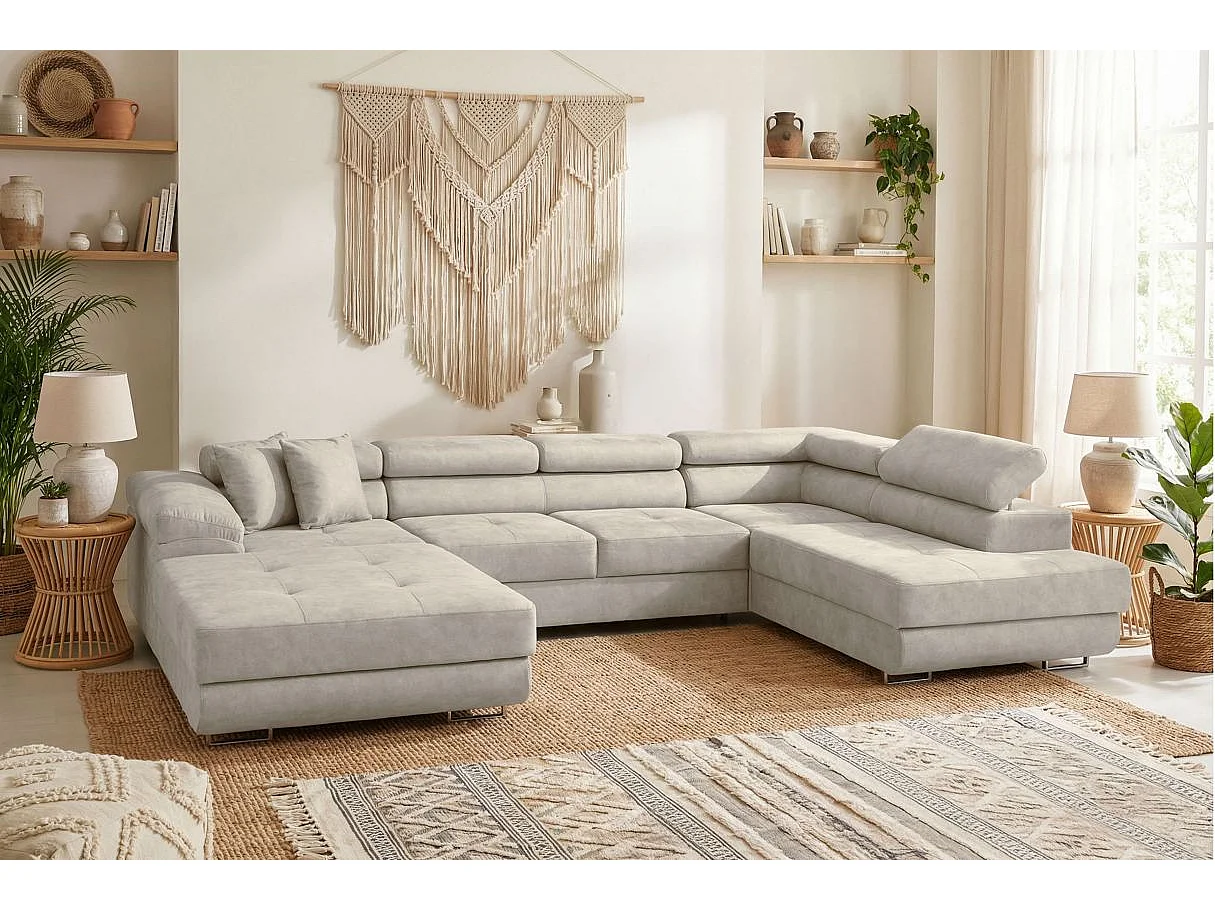 Canapé panoramique 6 places FLAVIO convertible avec 2 coffres en tissu - Gris clair