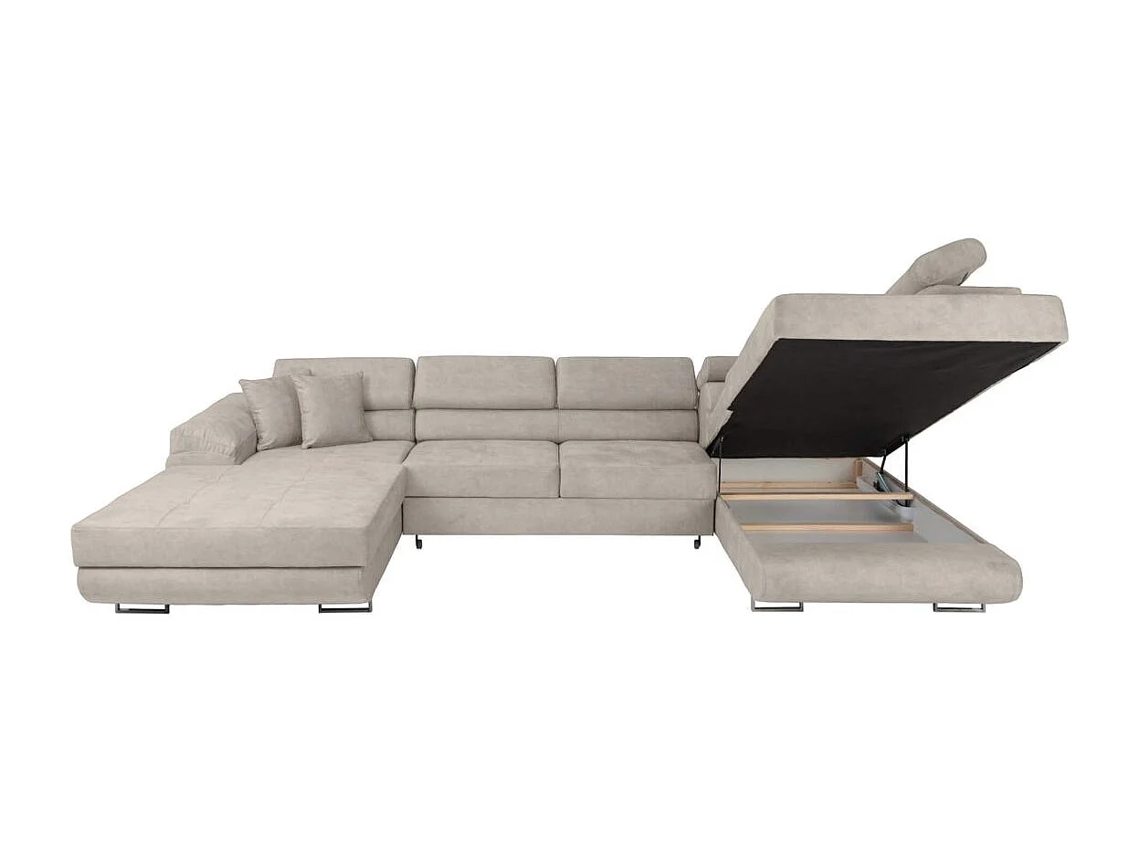 Canapé panoramique 6 places FLAVIO convertible avec 2 coffres en tissu - Gris clair
