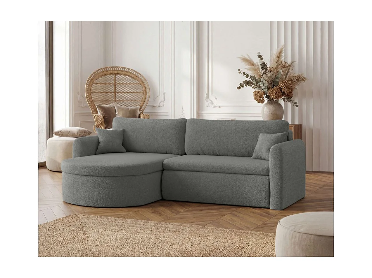 Canapé d'angle reversible convertible 4 places VERA en tissu bouclette - Gris anthracite