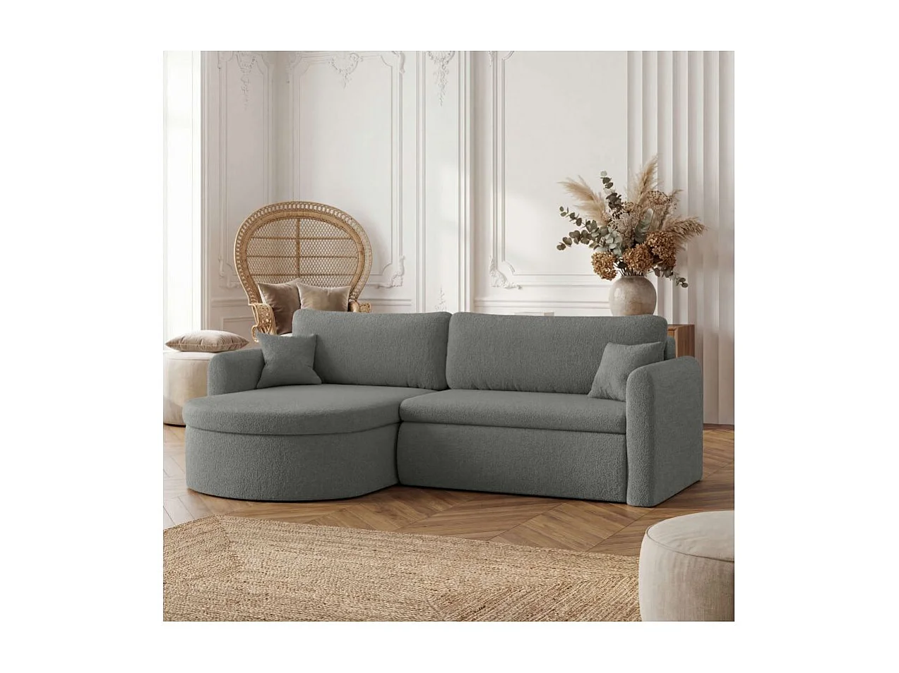 Canapé d'angle reversible convertible 4 places VERA en tissu bouclette - Gris anthracite