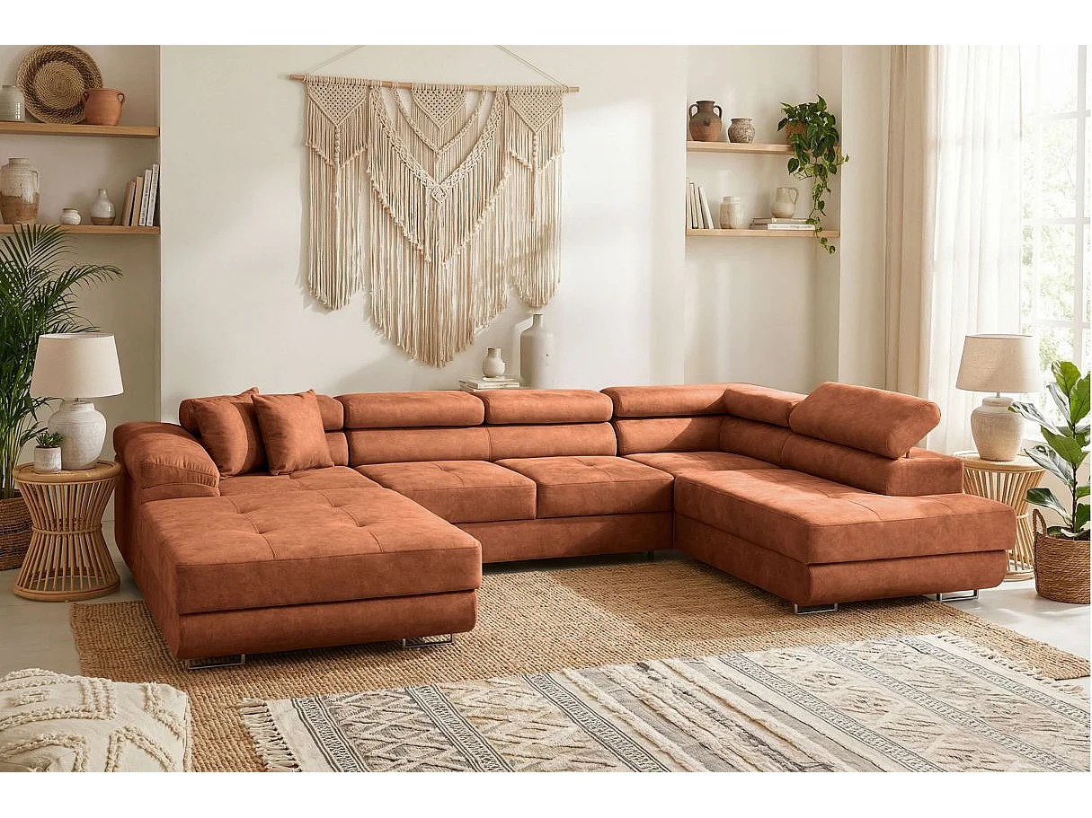 Canapé panoramique 6 places FLAVIO convertible avec 2 coffres en tissu - terracotta